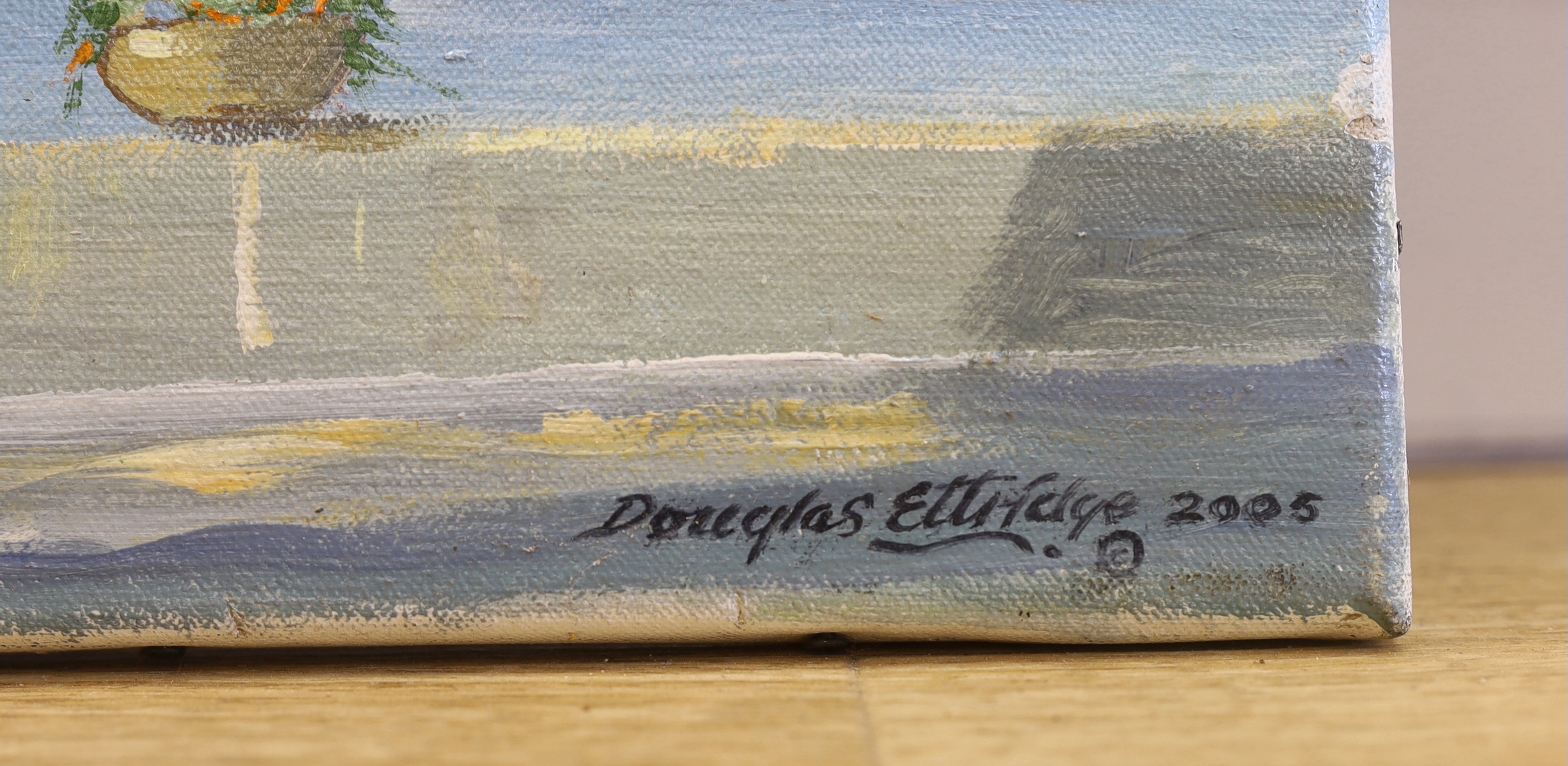 Douglas Ettridge (1927-2009), oil on canvas, Continental lakeside landscape, signed and dated 2005, 62 x 45cm, unframed